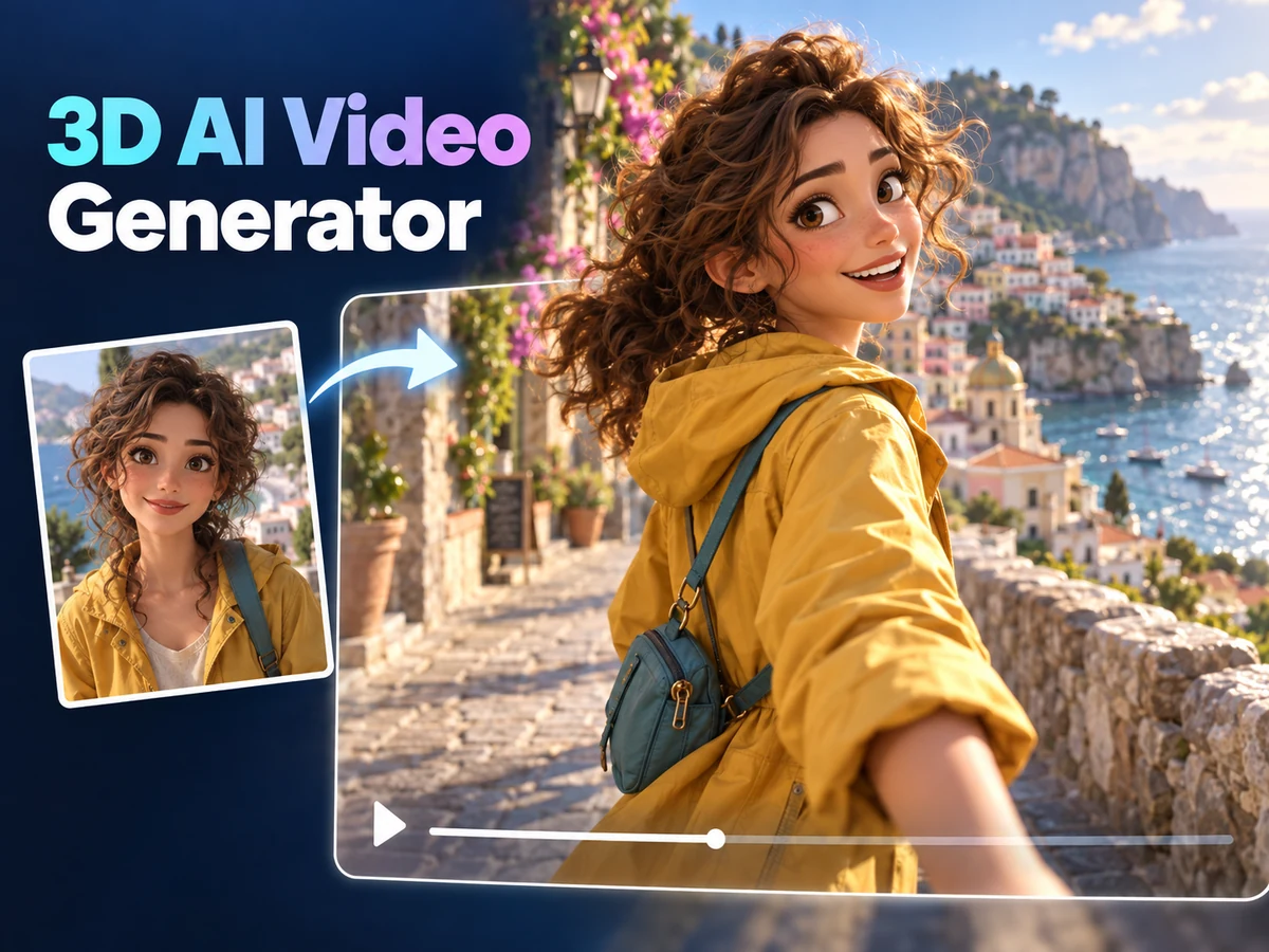 3D AI Video Generator concept on Jev AI: a stylized traveler in a yellow jacket with an illustrated reference and video composition