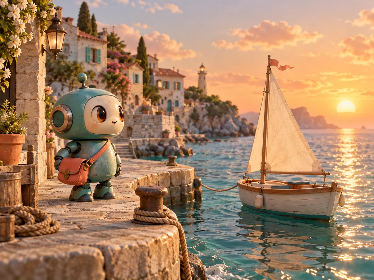 3D AI Video Generator concept on Jev AI: a teal robot with a coral bag beside a sailboat in a warmly lit harbor