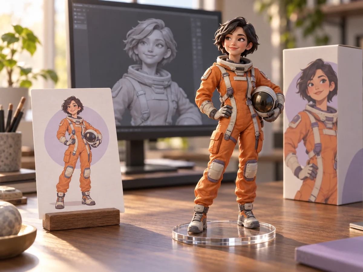 AI Action Figure Generator concept on Jev AI: an orange-suited astronaut figurine with matching character artwork and packaging
