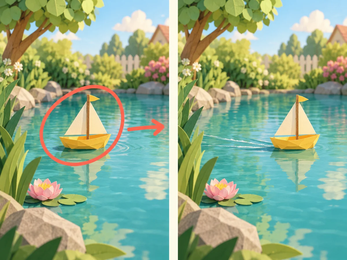 AI Tools motion concept for Jev AI: a yellow sailboat with a guidance arrow beside a clean scene with a gentle wake