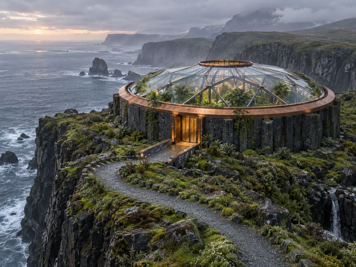 Flux 3 Image concept illustration on Jev AI: a coastal conservatory concept with transparent roof and preserved circular form