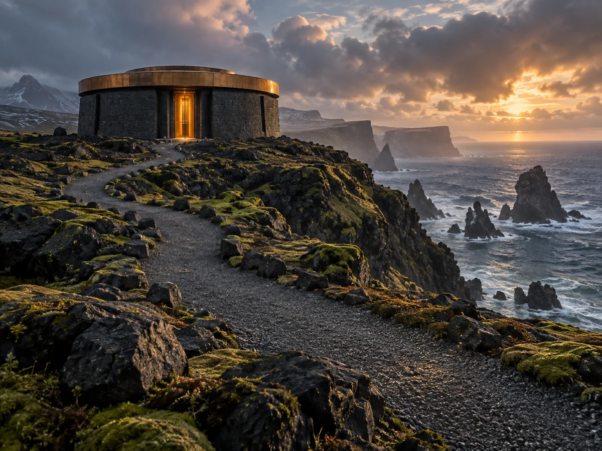 Flux 3 Image concept illustration on Jev AI: a basalt coastal observatory showing clear path entrance and sea relationships