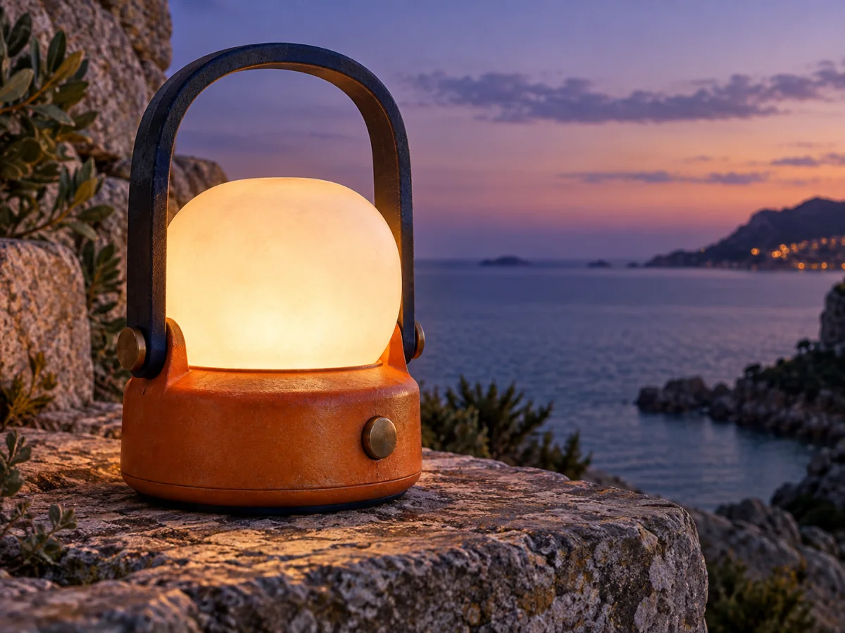 Flux Kontext Pro concept illustration on Jev AI: an orange lantern in a coastal evening product setting