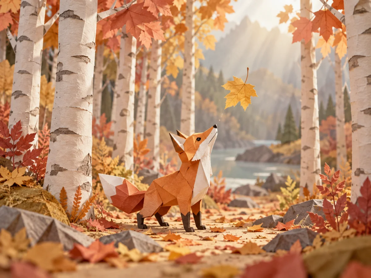 Grok Imagine Video 1.5 Lite concept illustration on Jev AI: a paper fox lifting its head toward a falling leaf