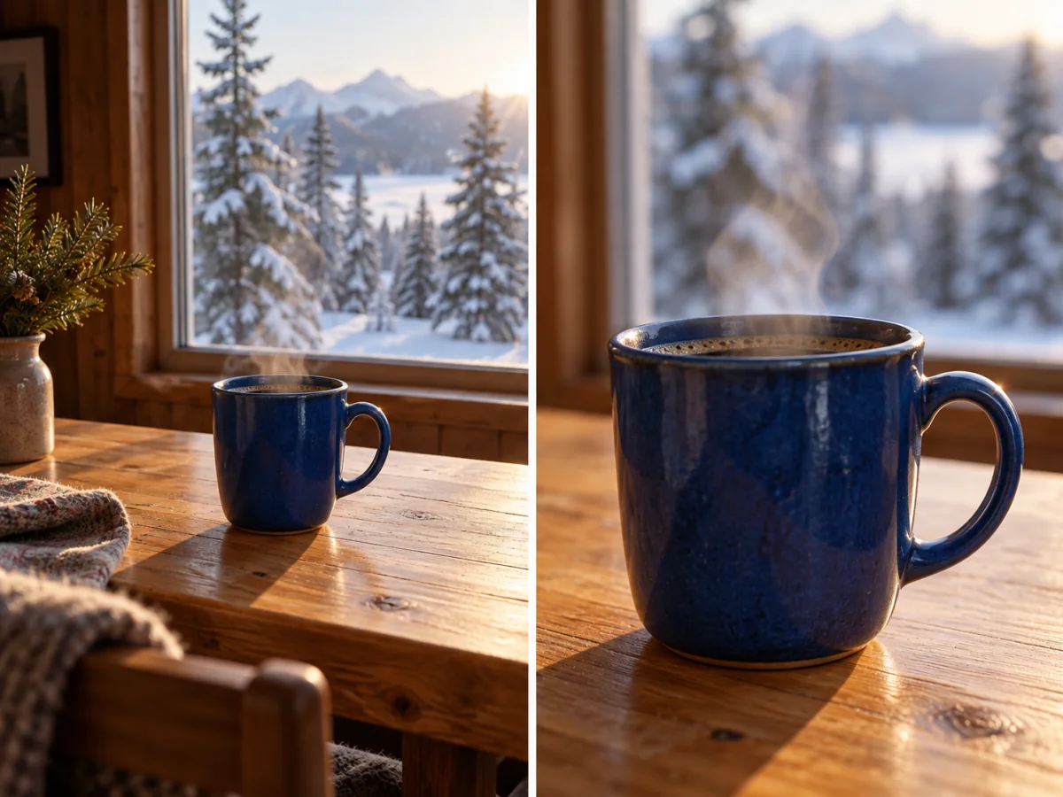 Grok Imagine Video 1.5 Lite concept illustration on Jev AI: wide and close views of a steaming blue cup for a camera motion concept