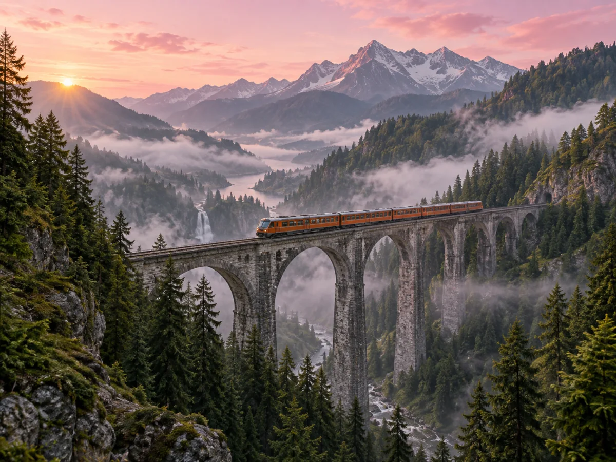 Grok Imagine Video 1.5 Lite concept illustration on Jev AI: an orange train crossing a stone viaduct in a misty valley