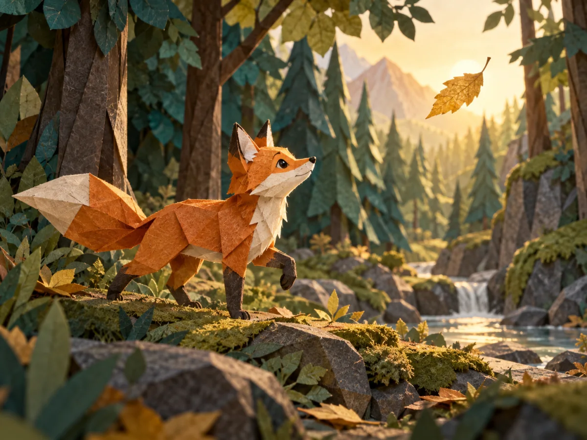 MiniMax H3 Max concept illustration on Jev AI: an orange paper fox following a drifting leaf through a paper forest