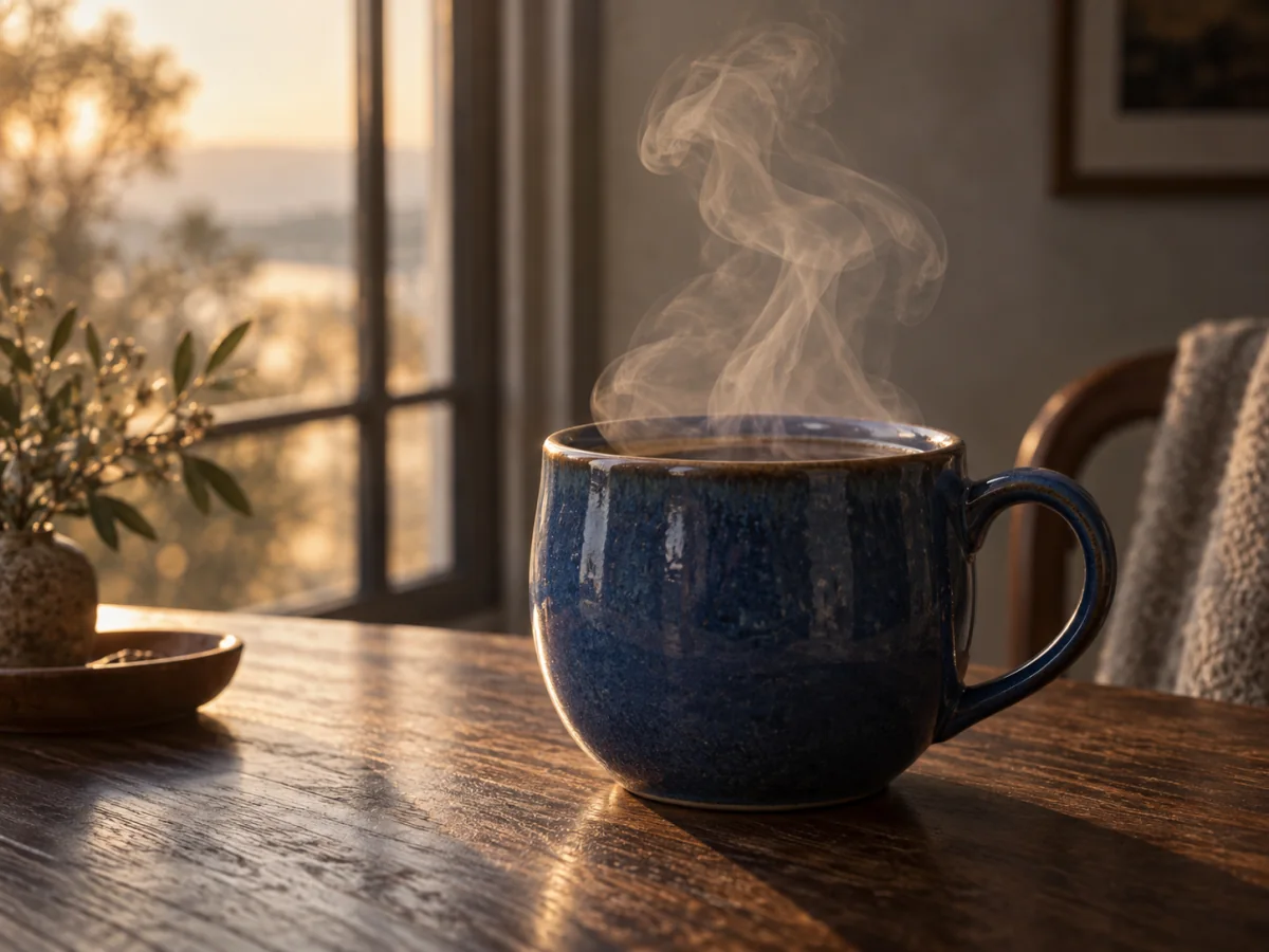 MiniMax H3 Max concept illustration on Jev AI: a steaming blue cup illustrating a quiet product motion scene