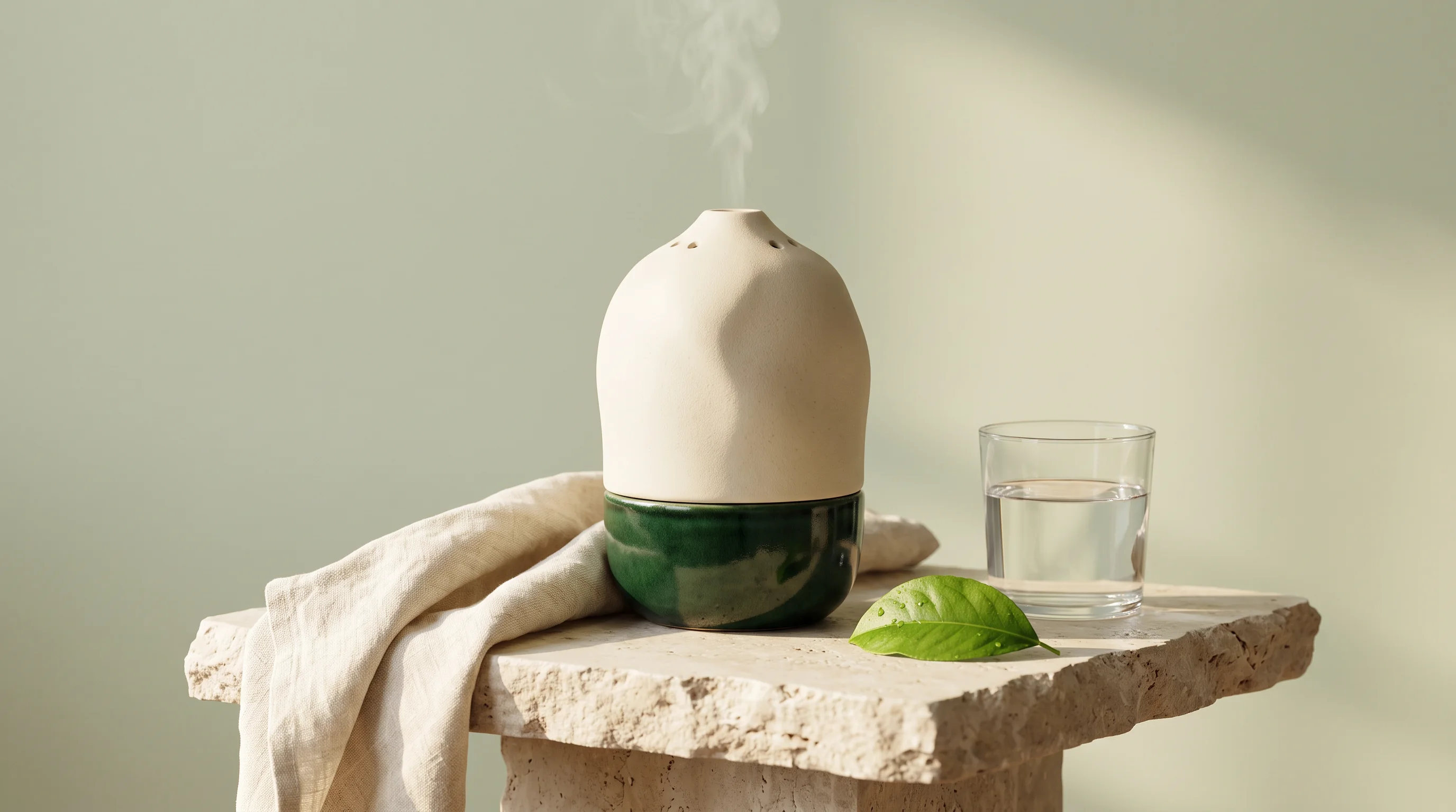 Nano Banana 2.1 product scene for Jev AI featuring an ivory ceramic diffuser on a stone pedestal