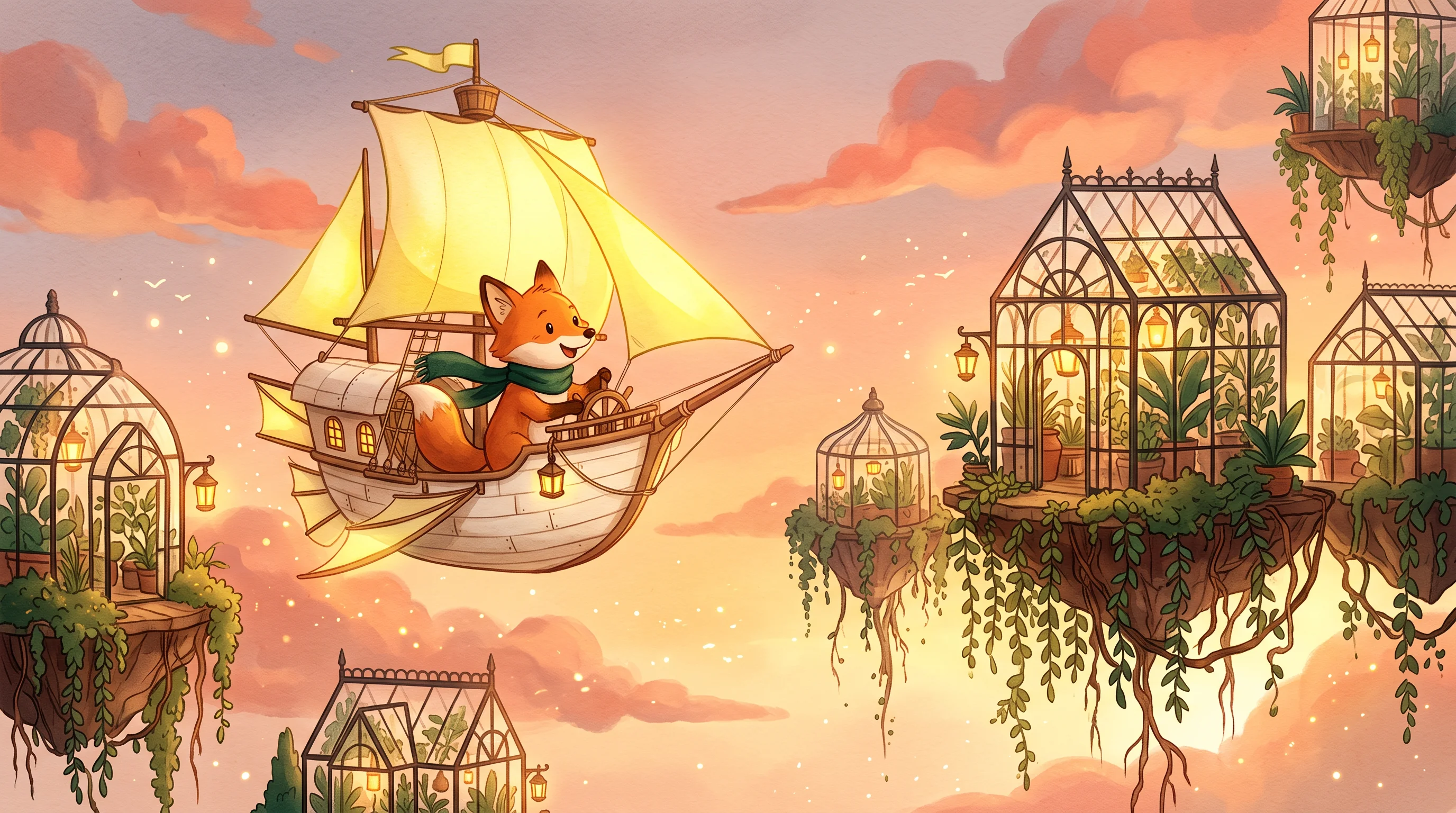 Nano Banana 2.1 storybook illustration for Jev AI showing a fox in a paper airship over floating glasshouses