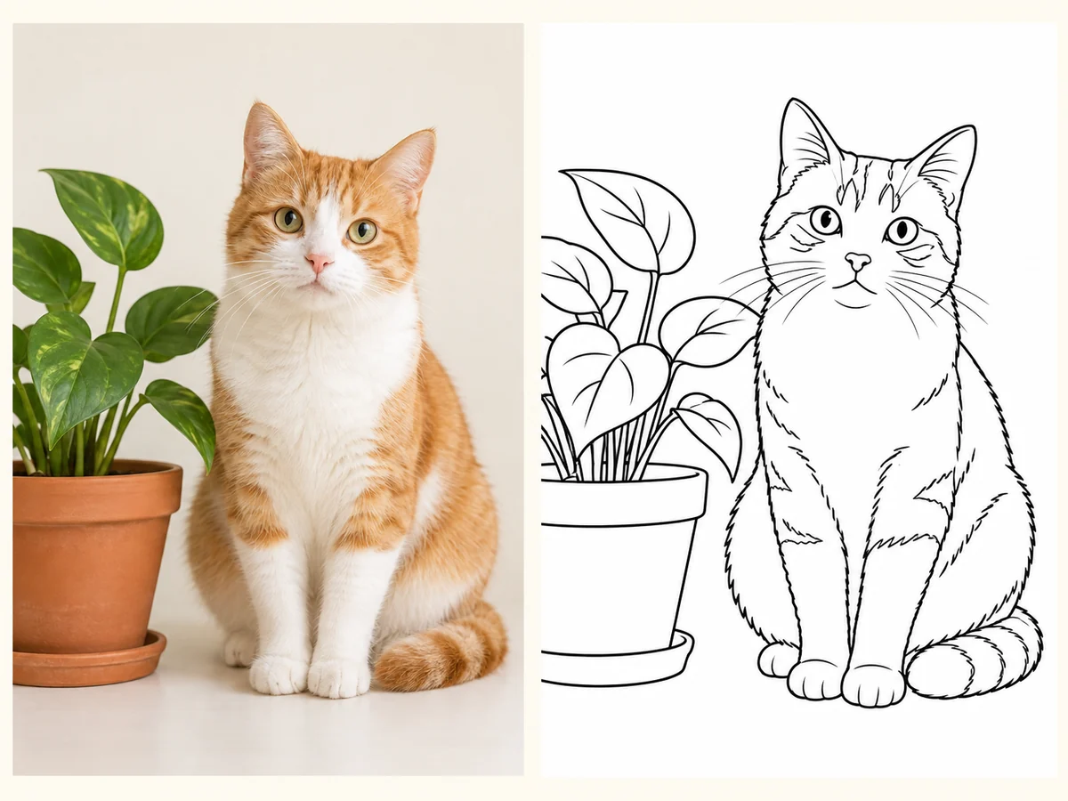 Photo to Coloring Page concept on Jev AI: an orange-and-white cat and potted plant beside matching black outline artwork