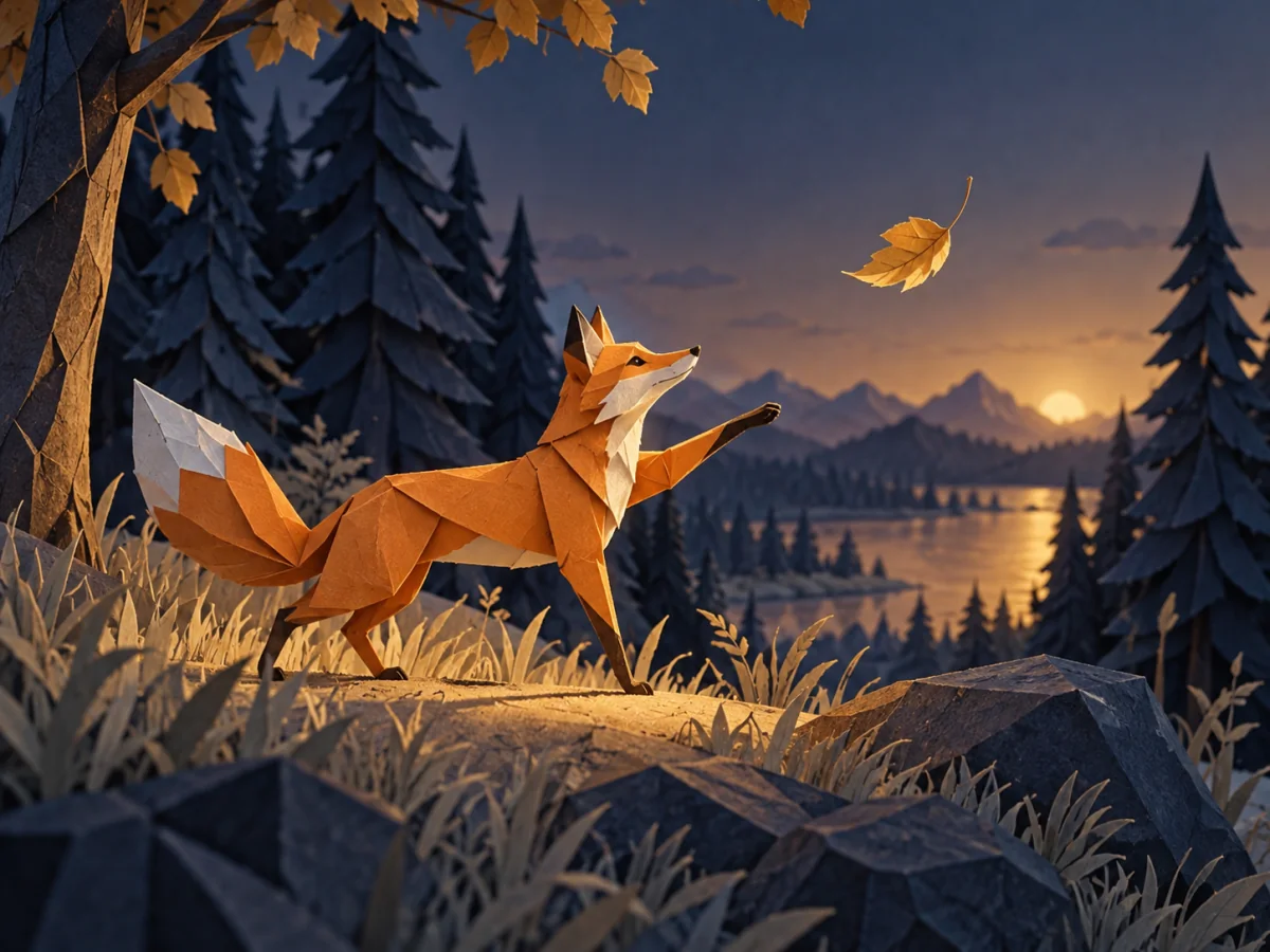 Wan 3.0 concept illustration on Jev AI: a paper fox reaching toward a drifting leaf in a twilight woodland