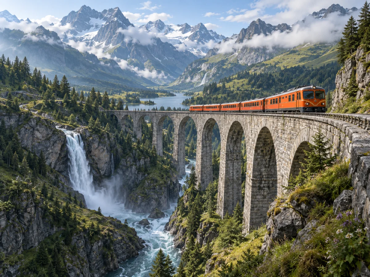 Wan 3.0 concept illustration on Jev AI: an orange train crossing a mountain viaduct as a scene timing concept